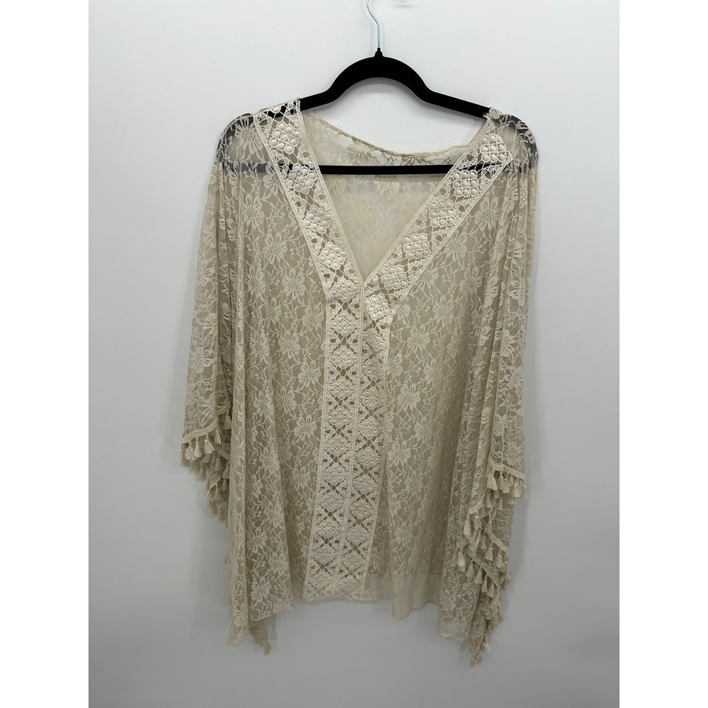 Cream Floral Lace Kimono Cover Up V-Neck Crochet‎ Tassel Fringe Plus Size Boho